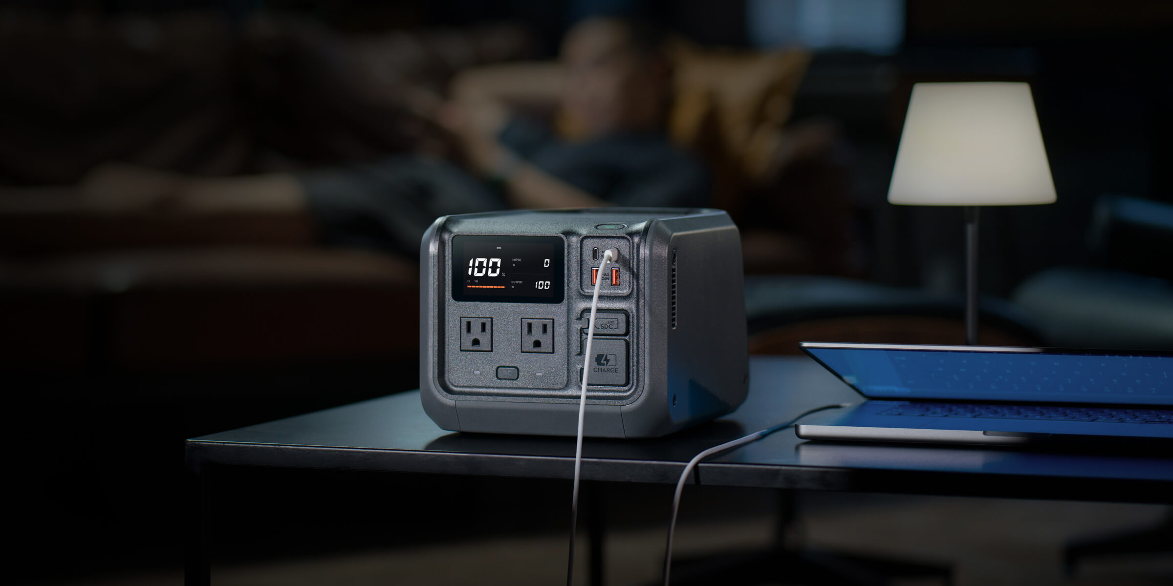 DJI Power 500 powering a home office at night